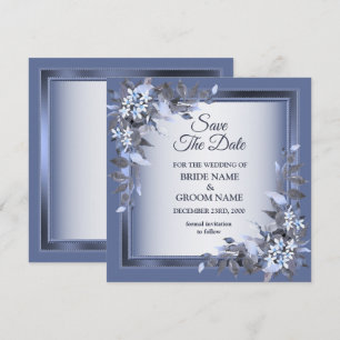 Elegante Navy Blauwe Bloem Geborduurd Zilveren Huw Save The Date