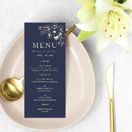 Elegante Navy Blauwe Bloemachtige Trouwmenu Kaart