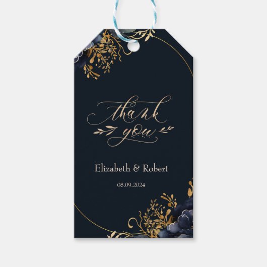 Elegante Navy Blauwe Bloemen Bedankt Cadeaulabel (Voorkant)