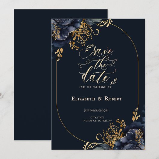 Elegante Navy Blauwe Bloemen Bewaar de Datum Save The Date (Voorkant / Achterkant)