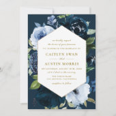 Elegante Navy blauwe bloemen bruiloft Kaart (Voorkant)