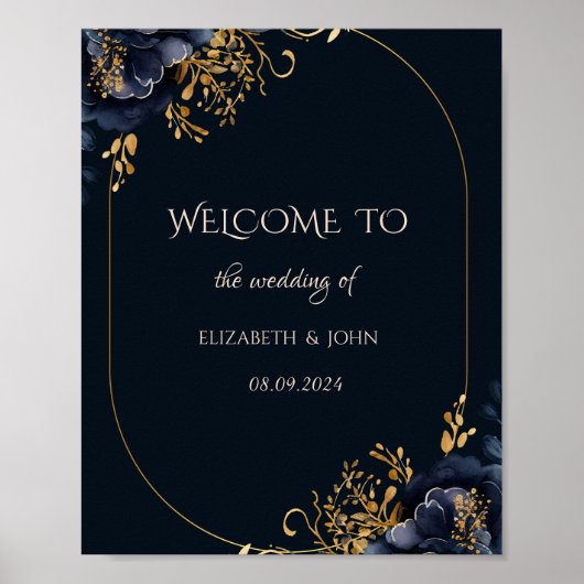 Elegante Navy Blauwe Bloemen Bruiloft Poster (Voorkant)