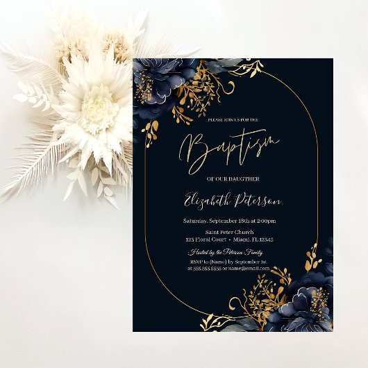 Elegante Navy Blauwe Bloemen Doop Kaart