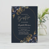 Elegante Navy Blauwe Bloemen Doop Kaart (Staand voorkant)