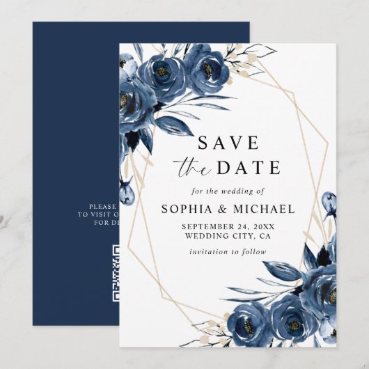 Elegante Navy Blauwe Bloemen & QR Code Trouwfeest Save The Date (Voorkant / Achterkant)