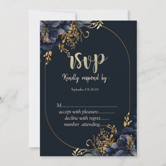 Elegante Navy Blauwe Bloemen RSVP Kaart (Voorkant)