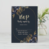 Elegante Navy Blauwe Bloemen RSVP Kaart (Staand voorkant)