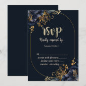 Elegante Navy Blauwe Bloemen RSVP Kaart (Voorkant / Achterkant)