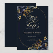 Elegante Navy Blauwe Bloemen Save The Date (Voorkant / Achterkant)
