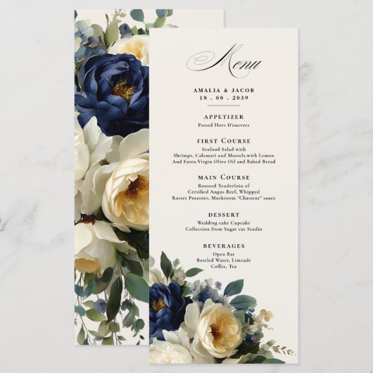 Elegante Navy Blauwe Bloemendetails Menu Bruiloft (Voorkant / Achterkant)