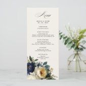 Elegante Navy Blauwe Bloemendetails Menu Bruiloft (Staand voorkant)