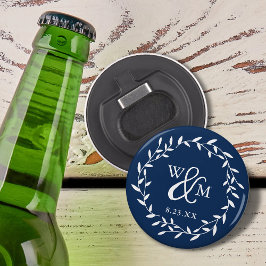 Elegante Navy Blauwe Bloemenkranz Monogram Button Flesopener