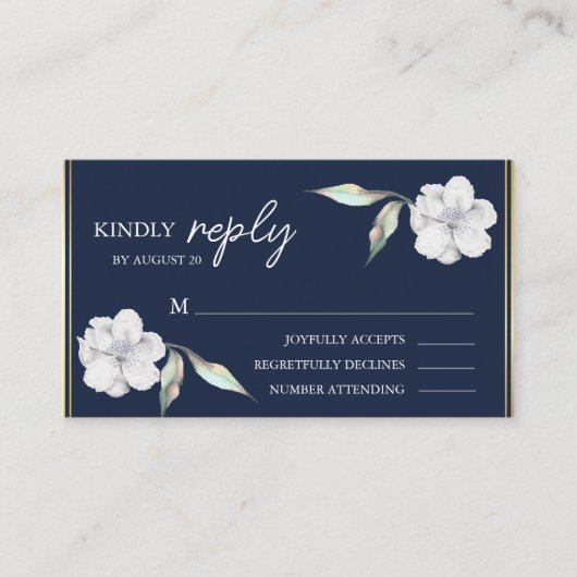 Elegante Navy Blauwe Bloemige Trouw-RSVP Informatiekaartje (Voorkant)