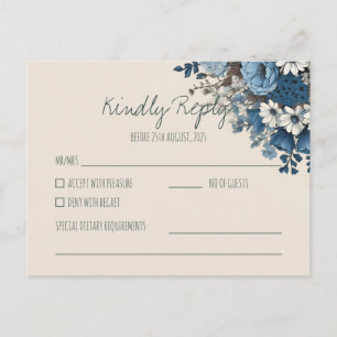 Elegante Navy Blauwe Bloemige Trouw-RSVP Reactie Briefkaart