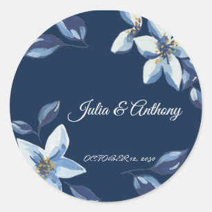Elegante Navy Blauwe Bloemige Trouwsticker Ronde Sticker