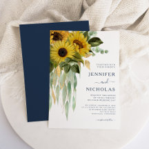 Elegante Navy Blauwe Bloemige Zonnebloem Bruiloft