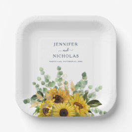 Elegante Navy Blauwe Bloemige Zonnebloem Bruiloft Papieren Bordje