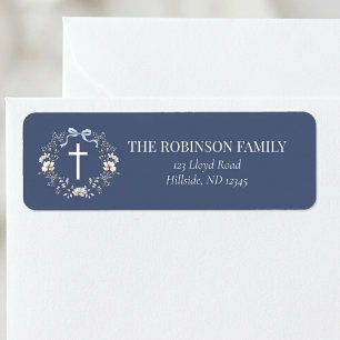 Elegante Navy Blauwe Bloemkruis Doop Etiket
