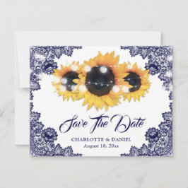 Elegante Navy Blauwe Bloemrijke Kant Zonnebloem Br Aankondiging