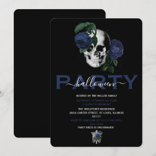 Elegante Navy Blauwe Bloemrijke Schedel Halloween Kaart