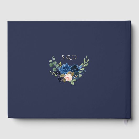 Elegante Navy Blauwe Blush Bloemen Bloeien Gouden  Gastenboek (Achterkant)