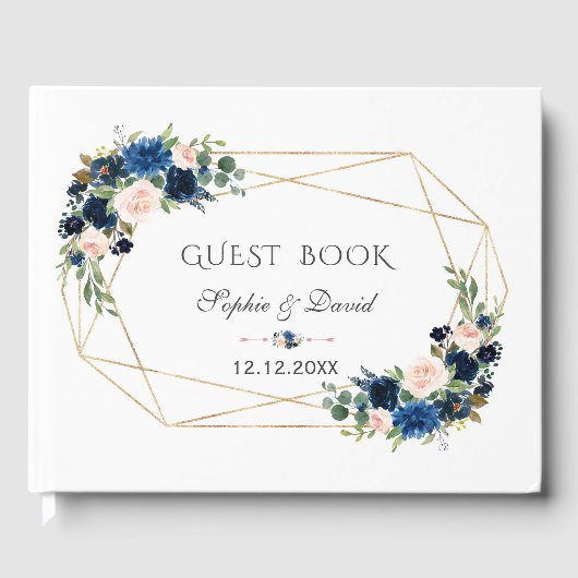 Elegante Navy Blauwe Blush Bloemen Bloeien Gouden  Gastenboek (Voorkant)