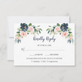 Elegante Navy Blauwe Blush Bloemen Bruiloft RSVP Kaartje (Voorkant)