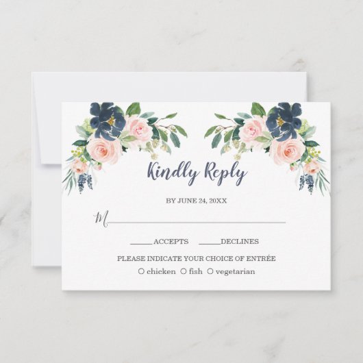 Elegante Navy Blauwe Blush Bloemen Bruiloft RSVP Kaartje (Voorkant)