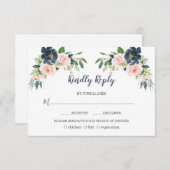 Elegante Navy Blauwe Blush Bloemen Bruiloft RSVP Kaartje (Voorkant / Achterkant)