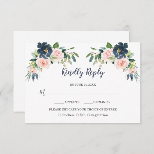 Elegante Navy Blauwe Blush Bloemen Bruiloft RSVP Kaartje (Voorkant / Achterkant)