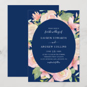 Elegante Navy Blauwe Blush Bloemenframe Trouwdag Kaart (Voorkant / Achterkant)
