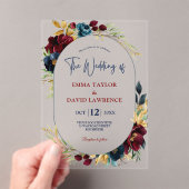 Elegante Navy blauwe bordeauxrode bloemen bruiloft Acryl Uitnodigingen (Insitu (Draagbaar))