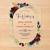 Elegante Navy blauwe bordeauxrode bloemen bruiloft Acryl Uitnodigingen (Voorkant)