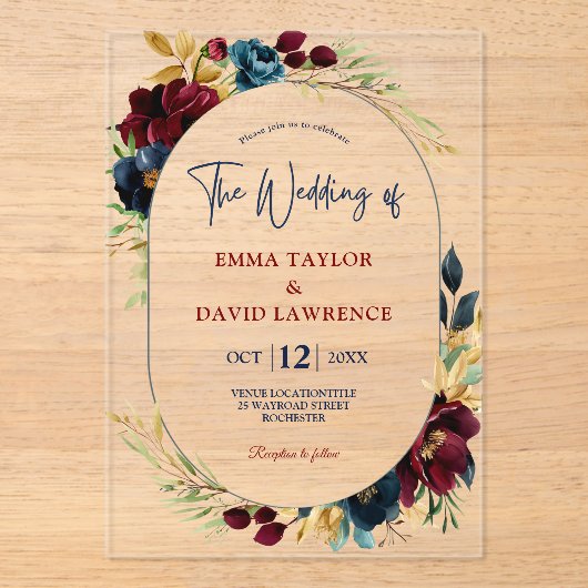 Elegante Navy blauwe bordeauxrode bloemen bruiloft Acryl Uitnodigingen (Voorkant)