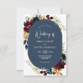 Elegante Navy blauwe bordeauxrode bloemen bruiloft Bedankkaart (Voorkant)