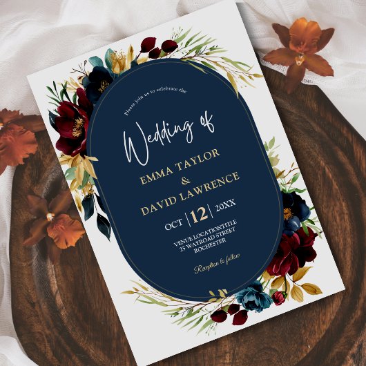 Elegante Navy blauwe bordeauxrode bloemen bruiloft Bedankkaart