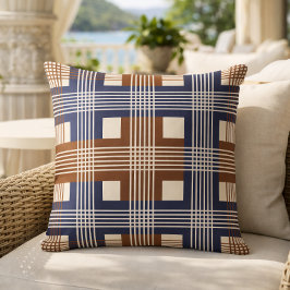 Elegante Navy Blauwe Bruine Geometrische Check Kussen