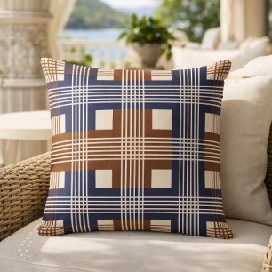 Elegante Navy Blauwe Bruine Geometrische Check Kussen