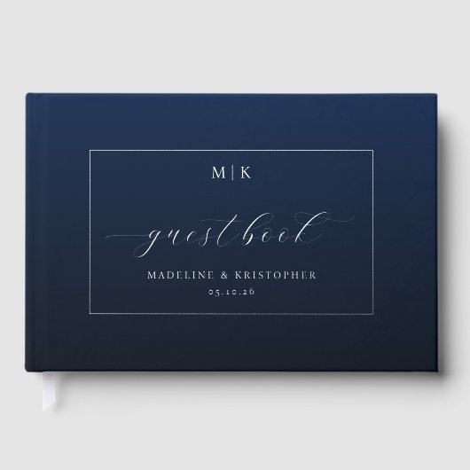 Elegante Navy Blauwe Calligrafie Gastenboek (Voorkant)