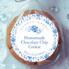 Elegante Navy Blauwe Damast Patroon Productnaam Ronde Sticker