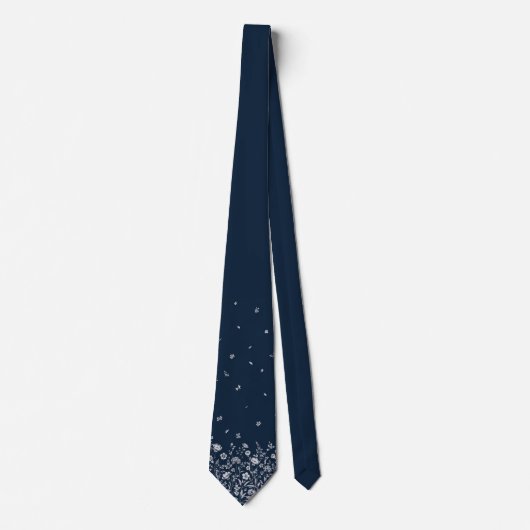 Elegante Navy Blauwe Das met Witte Bloemaccenten (Voorkant)