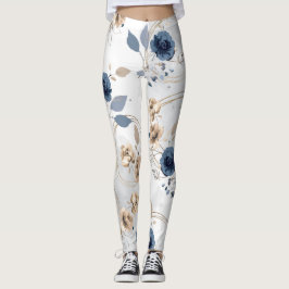 Elegante Navy Blauwe en Beige Bloemrijke Waterverf Leggings