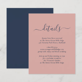 Elegante Navy Blauwe en Blush Trouw Bijlagekaart Informatiekaartje