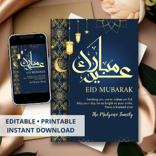 Elegante Navy Blauwe en Gouden Bloemrijke Eid Muba Feestdagenkaart