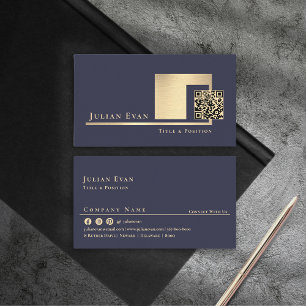 Elegante Navy Blauwe en Gouden Glanzende Scannbare Visitekaartje