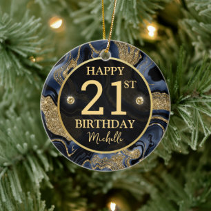 Elegante Navy Blauwe en Gouden Glitter Agate Verja Keramisch Ornament