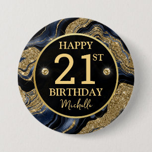 Elegante Navy Blauwe en Gouden Glitter Agate Verja Ronde Button 7,6 Cm