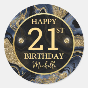 Elegante Navy Blauwe en Gouden Glitter Agate Verja Ronde Sticker