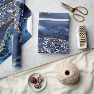 Elegante Navy Blauwe en Gouden Glitter Oceaan Agat Cadeaupapier