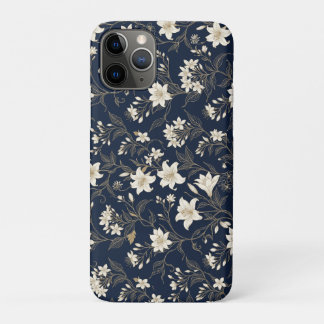 Elegante Navy Blauwe en Gouden Lelie Bloem Case-Mate iPhone Case